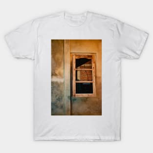 Wooden window on yellow brown grained plastered wall. T-Shirt